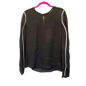 Per Se Black Sheer Long Sleeve Top Size 12 With Open Sleeve Detail & White Trim